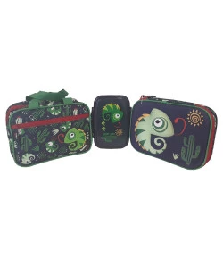 Kit Escolar Necessaire + Estojo + Marmita Puket Camaleão Azul Marinho