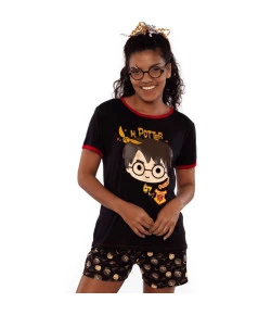Pijama Adulto Manga Curta Harry Potter Puket Feminino Preto