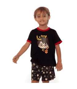 Pijama Kids Manga Curta Harry Potter Puket Masculino Preto